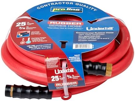 Underhill Proline Rubber Series Heavy-Duty Garden Hose for Hot or Cold Water, Lightweight, 500 PSI BP, 150 PSI WP, H75-025PRO-R 3/4 Inch x 25 ft Red by Underhill