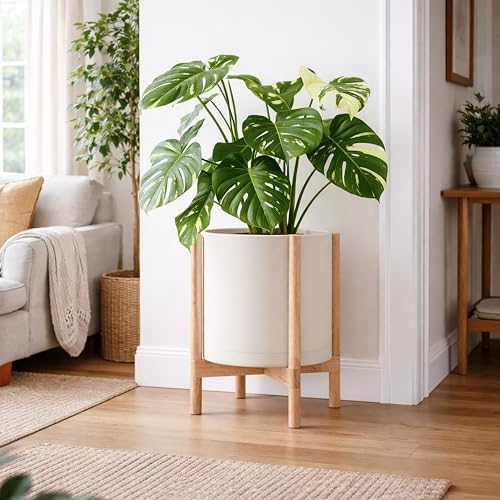 D'vine Dev Plastic Pot with Natural Wood Stand, Oatmeal, 14 in, 55-C-S-4 - Image 2