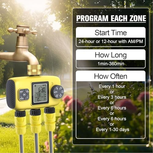 3 Outlets Smart Sprinkler Timer for Garden Hose, Programmable Digital Display Water Hose Timer Outdoor, IPX5 Watering System for Lawn, 0.75 or 0.5 Inch Faucets - Image 3