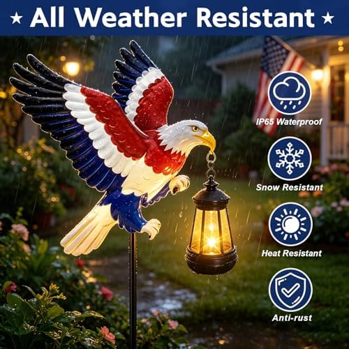 4th of July Decorations 250th anniversary Bald Eagle Solar Garden Light Outdoor Waterproof, Gift for family and friends, Stake Light with Solar Lantern,Solar Lights Yard Art Outside Patio Garden Decor - Image 5