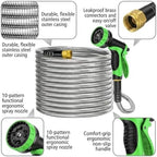 100FT 304 Stainless Steel Garden Hose with 10-Pattern Spray Nozzle (Green) - Image 2
