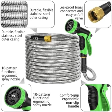 100FT 304 Stainless Steel Garden Hose with 10-Pattern Spray Nozzle (Orange) - Image 2