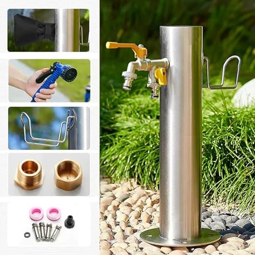 304 Stainless Steel Cylindrical Vertical Garden Water Column, Freestanding Hose Stand with Faucet, Vertical Water Hydrant Decorative Water Feature Fountain Stainless Steel Color H19.7in - Image 2