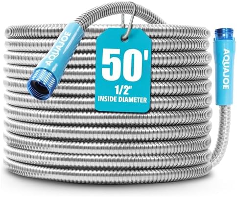 Aqua Joe 50-Foot Heavy Duty Garden Hose, Spiral 304 Stainless Steel Metal Hose, Puncture Proof, 1/2 Inch Diameter with Aluminum Fittings, AJSGH50 by AquaJoe%C2%AE