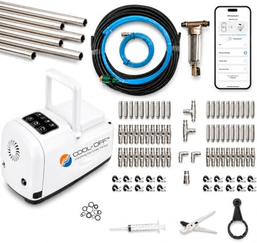 60’ High-Pressure Mist Cooling System Kit with Premium Edition Remote Pump W/App Control Comes with the Upgraded CO300 Pump (.008-30 nozzles) (White 1/4" Tubing 60 ft) by Cool-Off