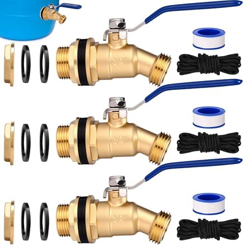 JaGely 3 Pack Brass Rain Barrel Spigot Kit 3/4" Inlet to 3/4"GHT Thread Outlet Water Tank Faucet 55 Gallon Drum Outdoor Rain Bucket Spigot with Bulkhead Fitting, Tape, Traction Rope(Blue) by JaGely