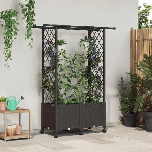 Mobile Raised Garden Bed with Trellis and Roof, Brown - Image 2