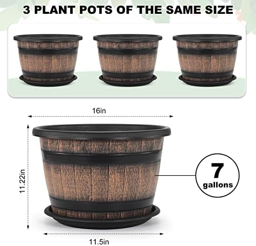 Quarut Large Plastic 3 Pack16 inch Plant Pots,Whiskey Barrel Planters with Drainage Holes & Saucer.Flower Pots Imitation Wine Barrel Design for Indoor & Outdoor Garden Balcony Plants.7 Gallons(Brown) - Image 2