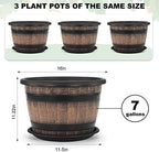 Quarut Large Plastic 3 Pack16 inch Plant Pots,Whiskey Barrel Planters with Drainage Holes & Saucer.Flower Pots Imitation Wine Barrel Design for Indoor & Outdoor Garden Balcony Plants.7 Gallons(Brown) - Image 2
