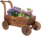 Wooden Wagon Planter with Wheels and Handle, 26.5 Inch, Brown by Noeko