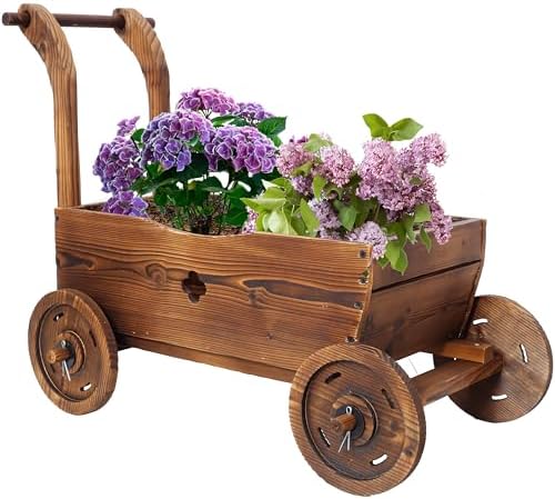 Wooden Wagon Planter with Wheels and Handle, 26.5 Inch, Brown by Noeko