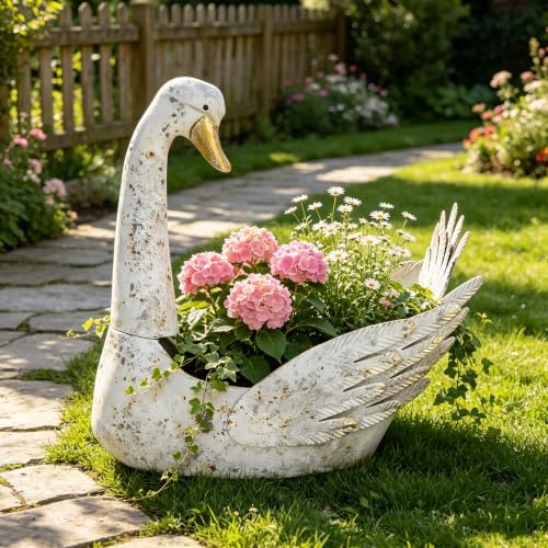 Vintage Metal Flower Pot, 15.75" Rustic Distressed White Swan Planter, Farmhouse Indoor Outdoor Decorative Planter for Garden Patio Balcony, Unique Gift for Plant Lovers by Unknown