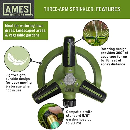 AMES (3) Piece Sprinkler & Sprayer Set with (1) Pulsating Spike Style, (1) 3 Arm Rotating Sprinkler and (1) 7-Pattern Spray Nozzle for Lawn, Garden or Yard, Watering, Adjustable, Easy Hose Connections - Image 3
