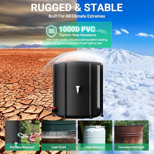 SKM Collapsible Rain Barrel, Anti-Leak 1000D 3-Layer PVC, 53 Gallon, Black - Image 4