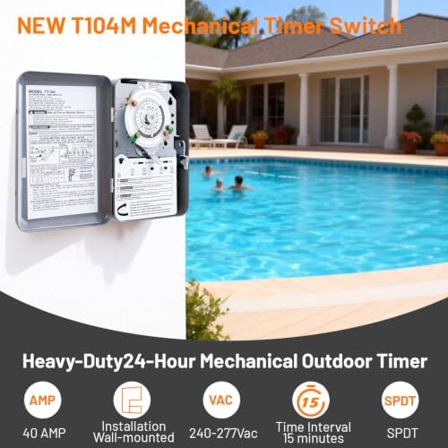 New T104M Mechanical Timer Switch (Mechanism Only), 24-Hour Heavy-Duty Timer Switch for Pool Pumps, 208V-277V 40A DPST, with High-Contrast White Dial, 4 Pairs of Trippers Included - Image 7