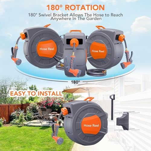 Garden Hose Reel, 1/2 In x 72 Ft Retractable Garden Hose, Water Hose Reel With 9 Function Sprayer Nozzle, Automatic Rewind, 180° Swivel Wall Mount, and Any Length Lock - Image 3