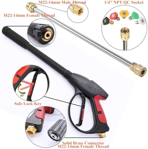 Brass Power Washer Gun and Hose Kit, Pressure Washer Gun with Replacement Wand Extension, 25 FT Power Washer Hose, 5 Nozzle Tips, M22 Fitting, 40 Inch Adjustable Length, 4000 PSI - Image 4