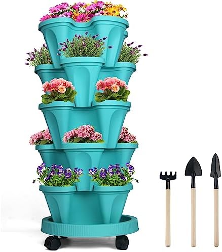DUNCHATY Stackable Vertical Garden Planter with Wheels, 5 Tier Herb Planter Pots for Growing Vegetables and Succulents, Teal by DUNCHATY