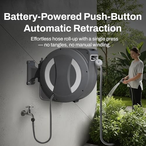 Betta EaseReel Battery-Powered Wall-Mounted Retractable Hose Reel, with Quick-Access Dual Hose Length Control, 8 Spray Patterns Nozzle, Automatic Roll-Up & Tangle-Free Hose Guide (1/2'', 78FT/23m) - Image 3