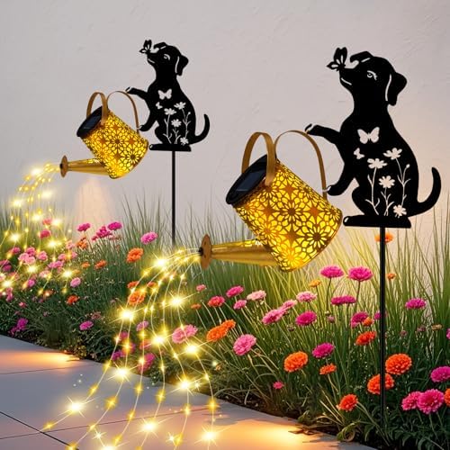 Solar Garden Lights Outdoor Decor, Watering Can with Dog Stake, Waterproof by ZFNN