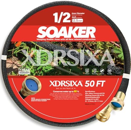 50FT 1/2" Heavy-Duty Soaker Hose with Solid Brass Connectors, Ultra-Flexible Even Water Flow by XDRSIXA
