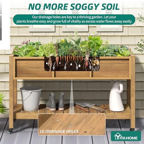 YITAHOME Raised Garden Bed HDPE, 47x18x31In Raised Flower Bed Poly-Wood Weather-Resistant Elevated Planter Box with Lockable Wheels & Storage Shelf for Vegetable Flower, Brown - Image 5