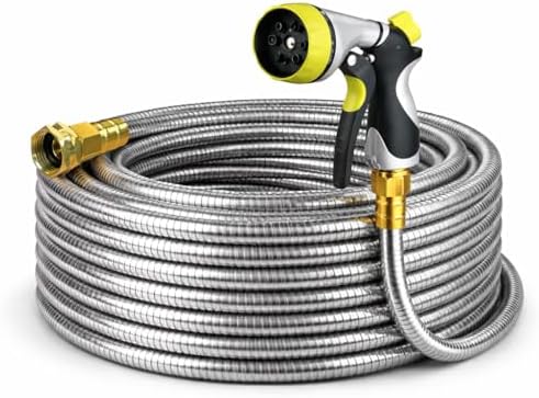 Metal Garden Hose 100 ft – 304 Stainless Steel Water Hose with Nozzle Sprayer, Garden Hoses Flexible, Lightweight, No Kink, Heavy Duty for Outdoor (100 ft) by Holldoor