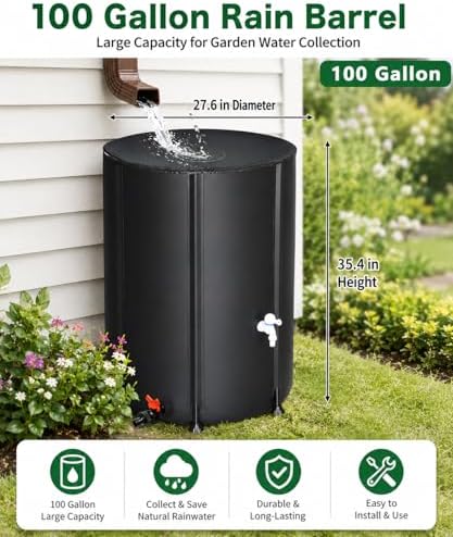 100 Gallon Collapsible Rain Barrel, Portable Rainwater Collection System, Water Storage Tank, Rain Catcher Barrel with Two Spigots and Overflow Kit, Rain Water Barrel Collector for Garden, Black - Image 3