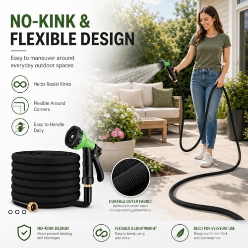 100FT Non-Expandable Flat Garden Hose with 10 Function Nozzle,No-Kink,Deep Black - Image 3