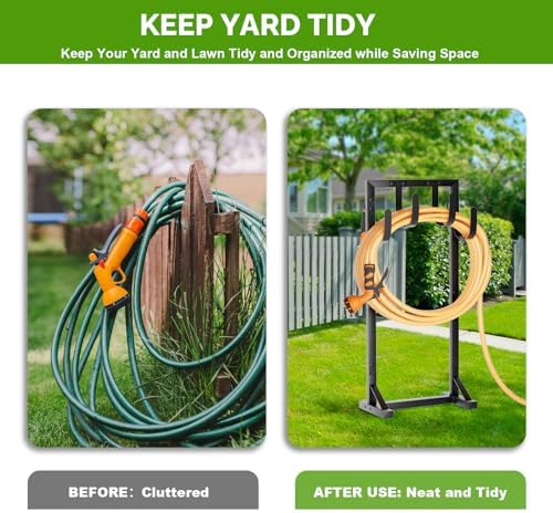 Heavy-Duty Garden Hose Holder with Stable Base and Tool Hooks, GAVISCITY Freestanding Metal Hose Hanger Garden Hose Storage Holds 151Ft Hose, Rustproof Water Hose Holder for Outside Yard Lawn, Black - Image 2