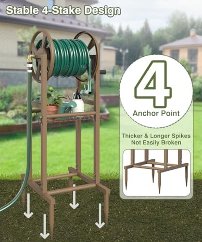 Freestanding Garden Hose Reel holds 125ft Hose of 5/8" with 4 Hooks, 4-Spike Outdoor Hose Holder with 3.9ft Leader Hose & Brass Fitting, Detachable Metal Hose Stand with Storage Rack, Brown - Image 3