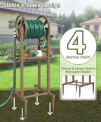Freestanding Garden Hose Reel holds 125ft Hose of 5/8" with 4 Hooks, 4-Spike Outdoor Hose Holder with 3.9ft Leader Hose & Brass Fitting, Detachable Metal Hose Stand with Storage Rack, Brown - Image 3