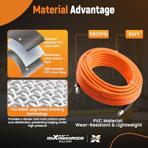 maXpeedingrods Sewer Jetter Kit for Pressure Washer 50FT, 5800PSI Drain Cleaner Hose 1/4 Inch NPT Corner, Rotating and Button Nose Sewer Jetting Nozzles with Spanner Waterproof Tape Pearl Corsage Pin - Image 2