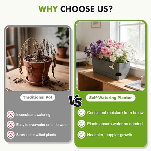 4 Pack Self Watering Pots for Indoor Plants 17 Inches Window Boxes Planters Rectangular Flower Pots Rectangle Herb Pots Large Plant Pots with Drainage Holes and Saucers Windowsill Planter, Grey - Image 6