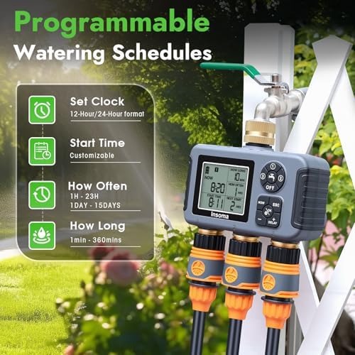 Insoma Water Timer with Brass Inlet, 3 Independent Zones Outdoor Hose Timer for Garden Faucet with Auto/Manual/Rain Delay Mode, IPX5 Waterproof, Sprinkler Irrigation Controller for Yard Lawn - Image 3