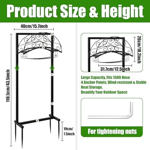 Freestanding Garden Hose Holder with Storage Basket, Black - Image 3