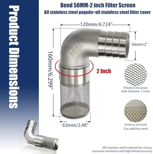 304 Stainless Steel Garden Hose Strainer, 90 Degree Elbow Inlet Filter Screen, Suitable for Water Pumps, Aquariums and Garden Irrigation, Including Hose Clamps and Sealing Tape (50mm 2inch) - Image 2