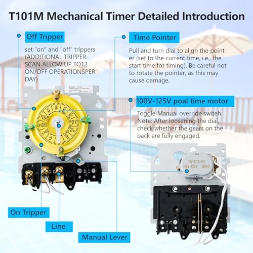 T101M Mechanical Timer Switch,120V AC SPST 40A,60Hz, Pool Pump Switch,Heavy Duty Pool Timers Outdoor,Timer for Lights HVAC Systems,24 Hour 12 ON/Off for Pump, 3 Years Warranty - Image 3