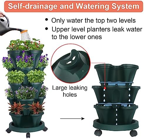 GameXcel Vertical Planter Tower - 5 Tier Stackable Garden Planters with Wheels and Tools Plant Pots for Strawberry Herb Flower and Vegetable Indoor Outdoor Use Green 2 Pack - Image 4