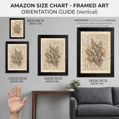 Framed Canvas Wall Art Vintage Seashells and Driftwood Muted Tones on Newspaper Print Canvas Print Poster Black Frame Wall Decor for Living Room Coastal Art, Ocean Decor - 24x36 Inch - Image 2