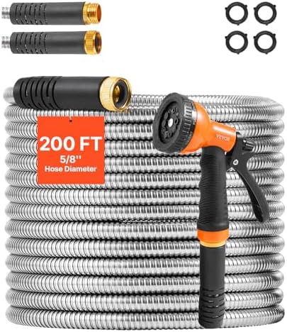 VEVOR Metal Garden Hose 200 ft, Heavy Duty Stainless Steel Water Hose with 10-Function Nozzle, No-Kink & Flexible Outdoor Garden Hose, Rust-Proof Lightweight Hose for Yard, RV, Car Wash by VEVOR