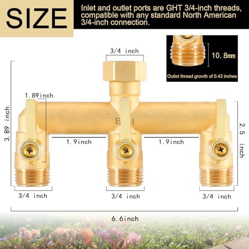 EBH Brass Garden Hose Splitter, 3 Way High Flow Outdoor Faucet Splitter,Full Flow 3-Way Brass Heavy Duty Hose Splitter With 3 Long Metal Handle and Individual On/Off Valve。 - Image 2