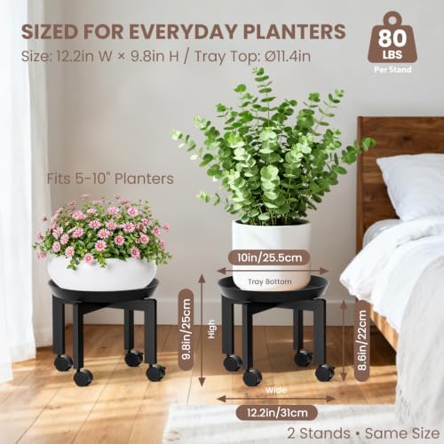 TOSKING 2-Pack Plant Stands with Wheels, Drip Trays, Black Metal - Image 3