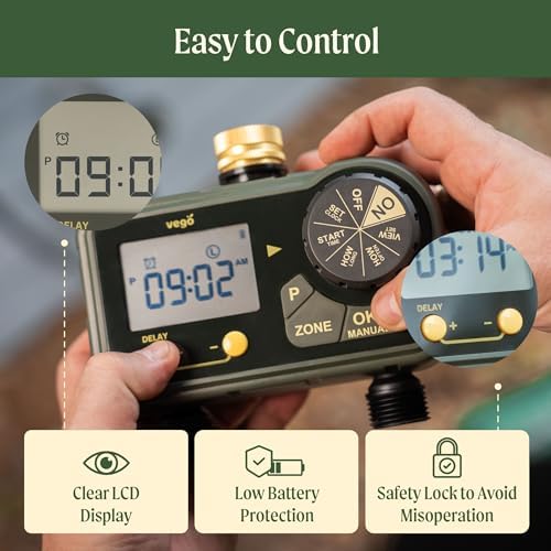 Vego 2 Zone Sprinkler Timer with Brass Inlet- Watering Timer for Garden Hose with Dual Channel Programmable Rain Delay/Manual Watering/Automatic Irrigation - Water Hose Timer for Yard Lawn - Image 5