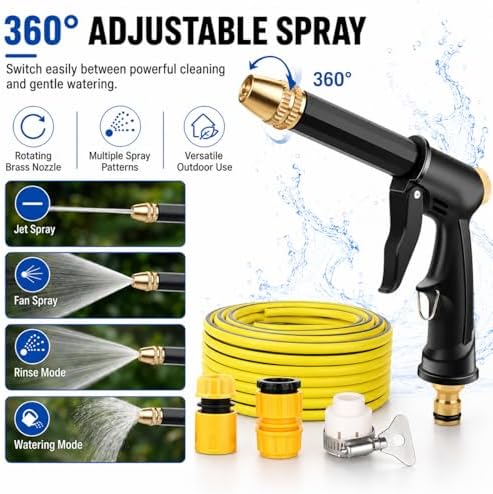 2026 New Multifunctional Car Wash Tool,High Pressure Hose Nozzle for Garden Hose,Metal Power Washer Wand with 360° Adjustable Spray,Brass Connector Trigger Lock for Car Washing (1set+49FT(15m) Hose) - Image 3