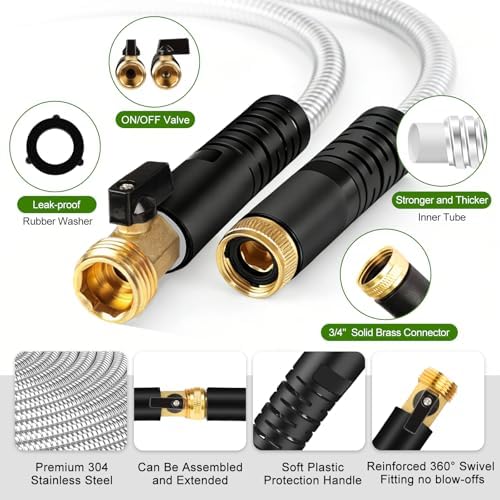 Metal Garden Hose 25 ft Stainless Steel Heavy Duty Water Hose with 10 Function Nozzles Flexible Lightweight Kink-Free Leakproof Sturdy Hoses Pipe 3/4" Brass Fitting for Outdoor Yard Lawn RV - Image 2