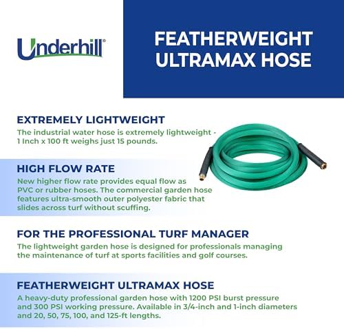 Underhill Featherweight UltraMax Heavy-Duty Garden Hose for Turf Managers, Lightweight, 1200 PSI BP, 300 PSI WP, H75-100FW 3/4 Inch x 100 ft Green - Image 3