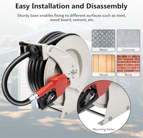 3/4" Diesel Fuel Hose Reel 50ft 300 PSI Retractable Heavy Duty Hose for Kerosene Spring Driven Auto Swivel Fuel Pump Transfer Hose with Nozzle Refueling for Service Truck Tank Boats Air Vehicle - Image 5