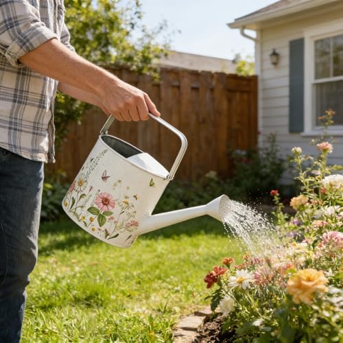 Vintage Floral Metal Watering Can for Indoor/Outdoor Plants, White Functional Garden Waterer with Long Spout, Garden Water Pot Rustic Decor for Home Garden Patio - Image 2