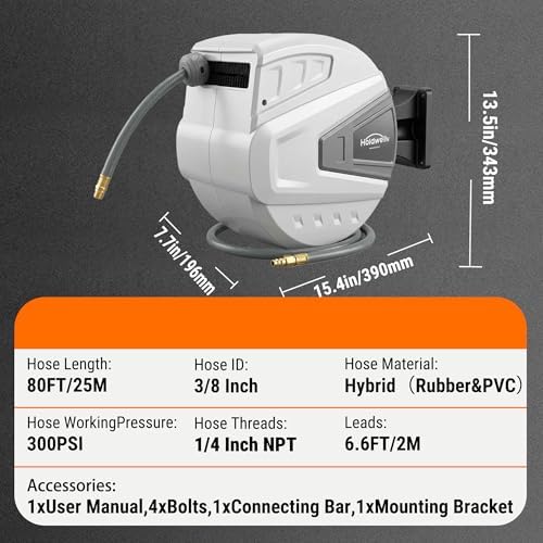 Retractable Air Hose Reel, 3/8" x 80FT Hubrid Air Hose, 300PSI Max, Auto-Rewind & Length-Lock, Ceiling/Wall Mount Enclosed PP Reel with 180° Swivel Bracket for Workshop/Garage - Image 7
